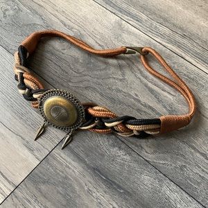 Brass Medallion and Nylon Cord Braided Woven Beaded Belt with hook closure.